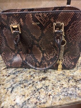 ALDO Brown Snake-Print Satchel with Gold Hardware